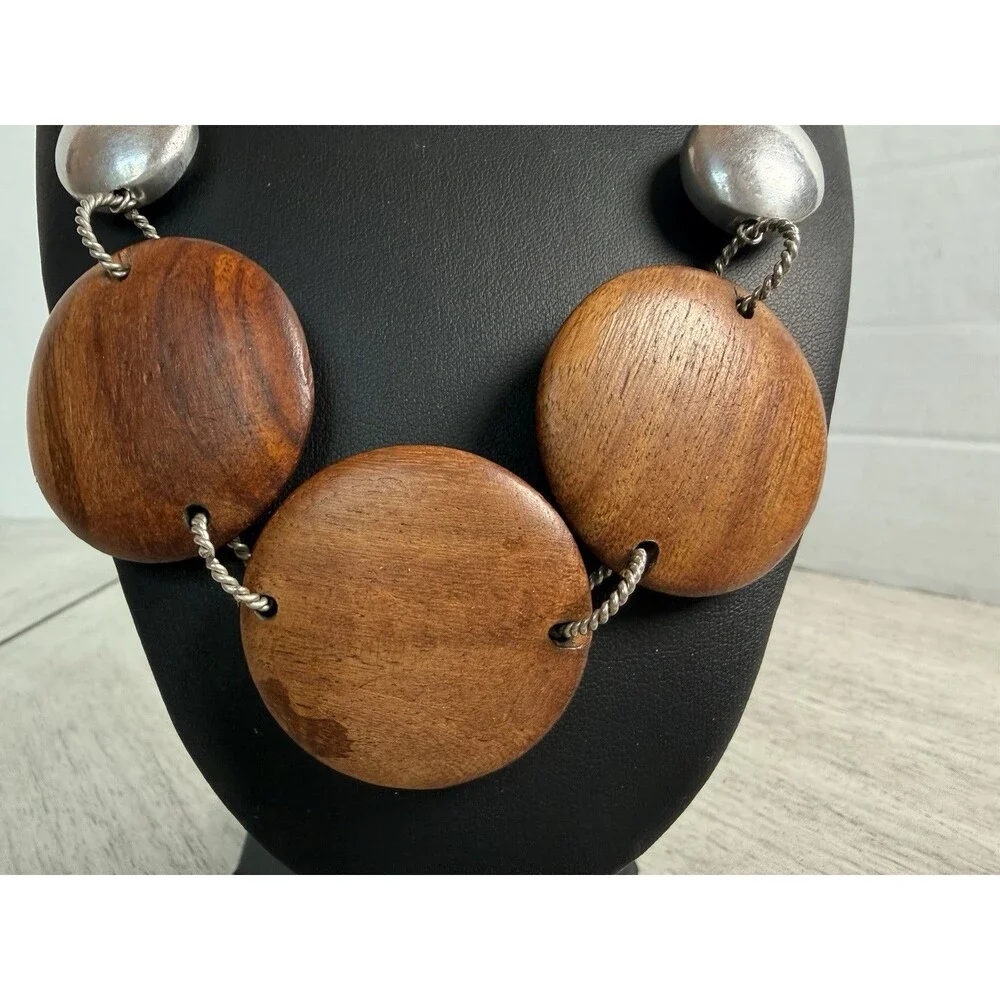 Chunky Round Wood Disc & Textured Silver Statement Necklace Rope Cord Boho